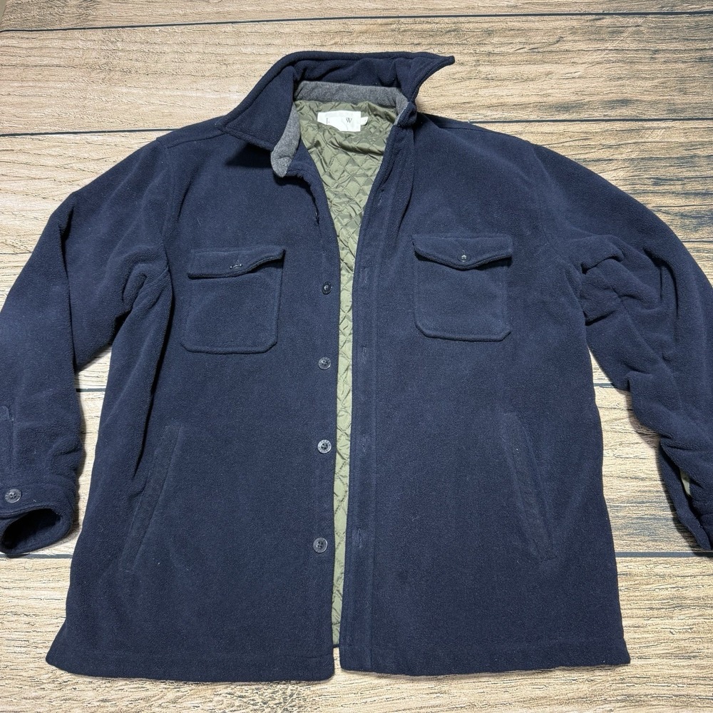 J.Crew Quilted Fleece Jacket Mens Large Blue Button Outdoor Coat Pockets Lined